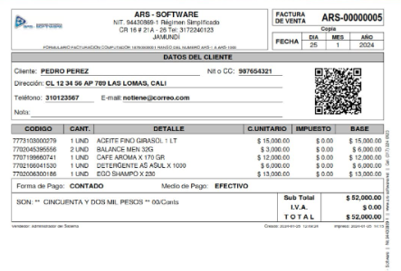 Factura por computador generada por SimplePOS